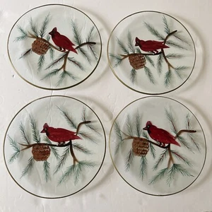 Red Cardinal Bird Mouth Blown Etched Hand Painted 7" Salad/Dessert Plates Nice! - Picture 1 of 9