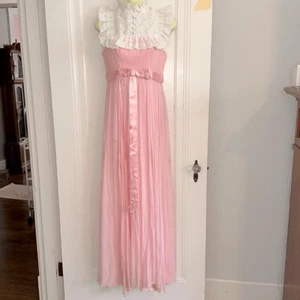 Vintage 60s/70s High Neck White Lace Pink Chiffon Pleated Prom Dress - Picture 1 of 9