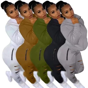 Fashion New Women Long Sleeves Zipper Solid Color Casual Outfits 2pcs - Picture 1 of 3