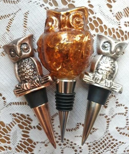 LOT OF 3, "OWL" WINE BOTTLE STOPPERS. 1 IS GLASS, 2 ARE METAL. EXC. NEVER USED - Picture 1 of 12