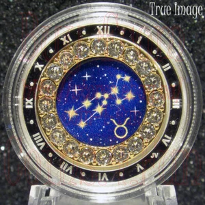 2019 Taurus Zodiac Series #5 $5 Pure Silver Coin with Swarovski Crystal Canada - Foto 1 di 2
