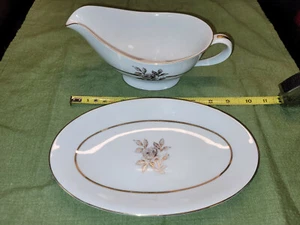 Encanto por Nagoya Shokai Gris Rosa Flor Borde Dorado Gravy Boat y Bandeja Separada - Imagen 1 de 8