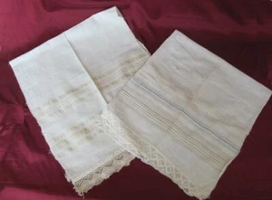 19C. ANTIQUE SET OF TWO HAND WOVEN COTTON KENAR KITCHEN TOWELS w/LACE - Picture 1 of 10