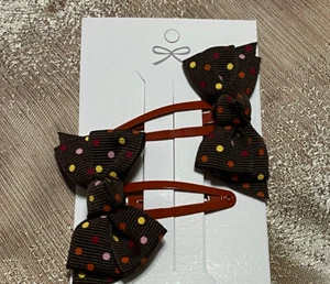 Gymboree BROWN W/ YELLOW & ORANGE POLKA DOT RIBBON HAIR CLIP BARRETTE SET - Picture 1 of 2