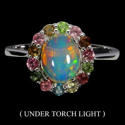 925 Sterling Silver Ring Oval Fire Opal 9x7mm Tourmaline Gemstone Jewelry Size 8 - Image 1 of 4