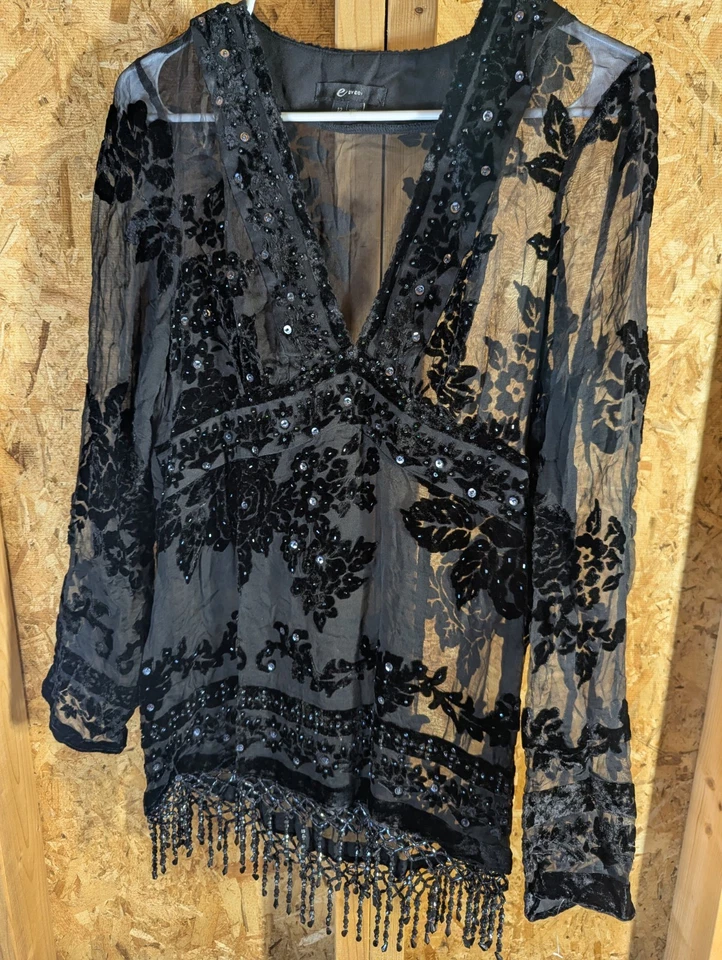 ECI Polyester Sheer Sequined And Tasseled Black Top - Image 1 of 4