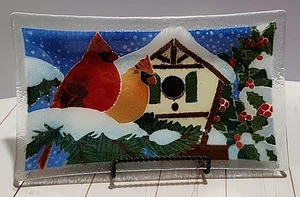 Peggy Karr 10" Winter Cardinals Rechteck Tablett Fused Art Glas 2003 signiert - Bild 1 von 7