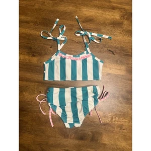 Sweet Honey Striped Swimsuit Set Tie Straps Ruffle Trim Teal White 5Y - Picture 1 of 8