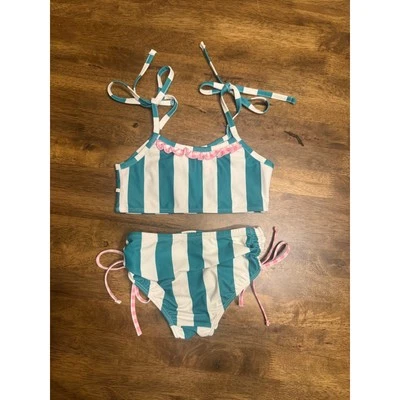 Conjunto de traje de baño a rayas Sweet Honey correas de corbata con volantes blanco azulado 5 años Foto 1 de 4