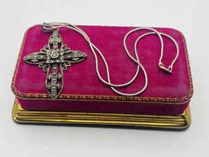 Vintage DBJ 925 Sterlingsilber 2,5 "Markasit religiös Kreuz & Halskette 16" ITALIEN - Bild 1 von 21