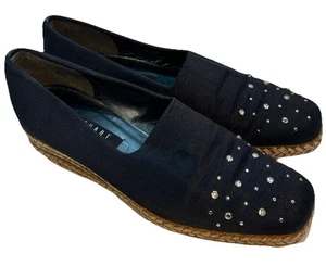 Women's 10 Narrow Weitzman Espadrilles Navy Satin Embellished / Silver Sq. Toe - Picture 1 of 14