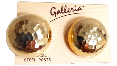 NEW Earrings 1" Pierced Gold Tone Hammered Surgical Steel posts+ gift box - Image 1 of 4