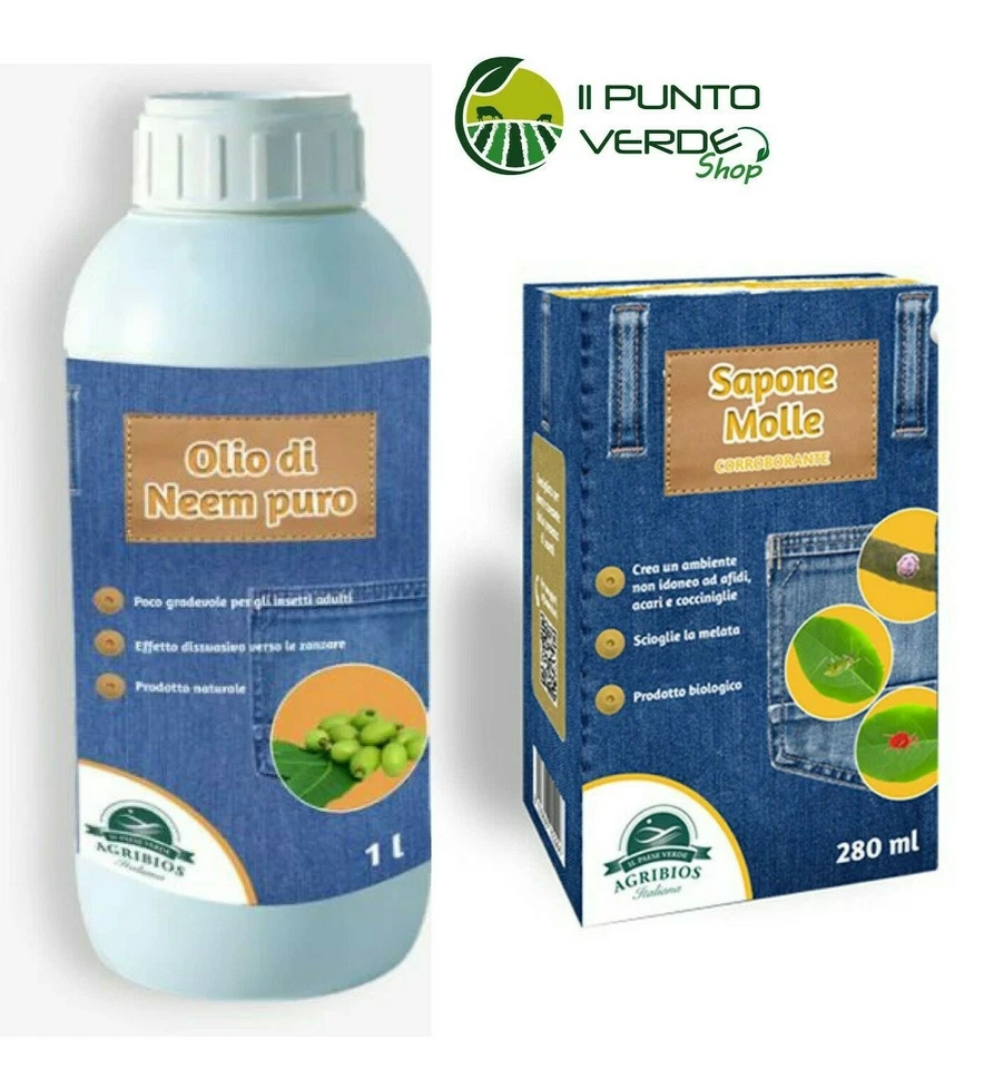 AGRIBIOS OLIO DI NEEM PURO 100% e SAPONE MOLLE DI POTASSIO 280 ml / 1 LT insetticida BIO