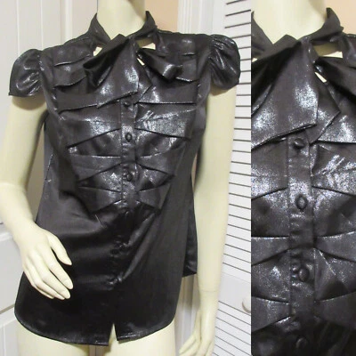 BCBG MaxAzria BCBGMaxAzria Black Metallic Silver Top M Y2K Futuristic Whimsigoth - Image 1 of 4