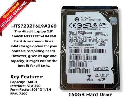 Hitachi HTS723216L9A360 160GB 7.2K RPM SATA 3Gb/s 16MB Cache 2.5" HDD 0A58103 - Image 1 of 4