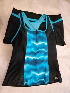 ZeroXposur Ladies Racerback Action Tankini & Swim Short Black Aqua White NEW L - Picture 1 of 4