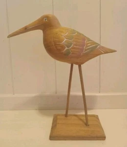 Hand Carved Painted Wooden Long Beak Bird Figurine on Wooden Stand - Picture 1 of 10