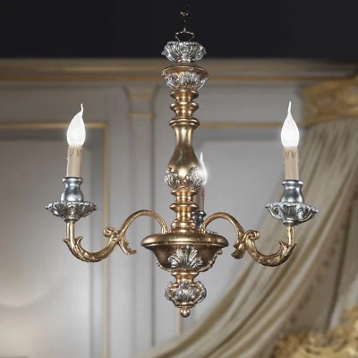 Lampadario legno artistico classico 3 luci FOGLIA ORO e ARGENTO MODELLO AGATA - Immagine 1 di 3