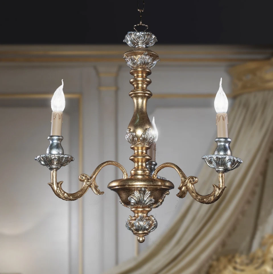 Lampadario legno artistico classico 3 luci FOGLIA ORO e ARGENTO MODELLO AGATA - Immagine 1 di 3