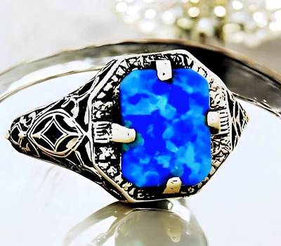 925 STERLING SILVER DECO ANTIQUE STYLE BLUE LAB FIRE OPAL FILIGREE RING     #146 - Image 1 of 3