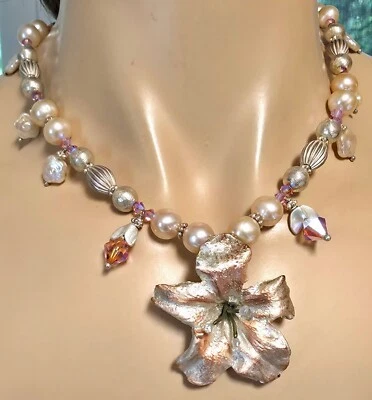 Necklace Silver Beads Pink Swarovski Beads Faux Pearls w MFA signed Lily Pendant - Image 1 of 4
