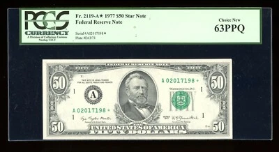 DBR 1977 $50 FRN Boston STAR Fr. 2119-A* PCGS 63 PPQ Serial A02017198* - Image 1 of 2