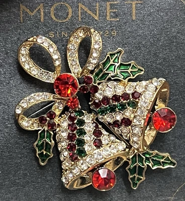 NWT MONET BROOCH GOLD red green RHINESTONE DOUBLE BELL green HOLLY PIN Christmas - Image 1 of 4