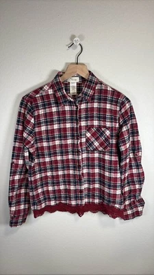 Scarlet Women's Red Navy Plaid Flannel Lace Trim Cropped Button Up M - Image 1 of 4