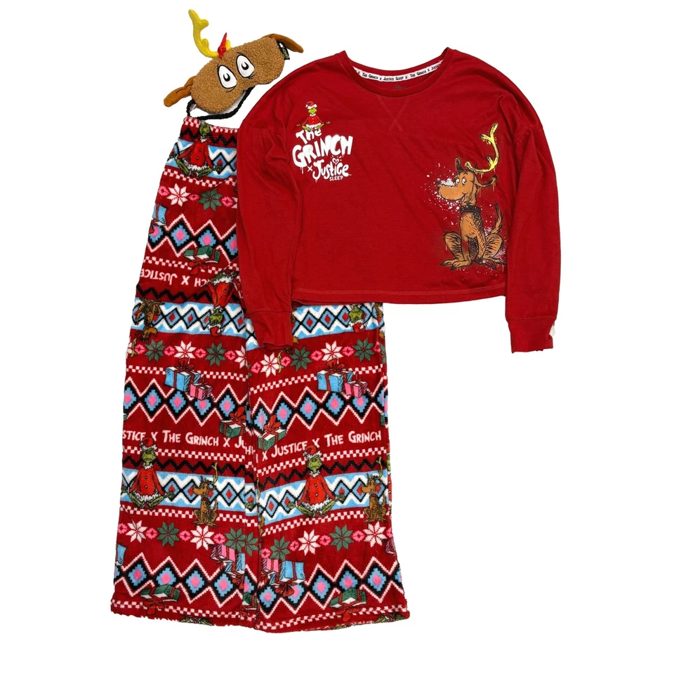 Justice Girls Red Fleece The Grinch Christmas Holiday Pajamas Set L (12/14) - Image 1 of 1