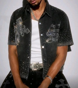 Nueva Camisa de Lujo para Hombres Diamante Cruz Estrás Denim Abotonada Alta Calidad - Imagen 1 de 16