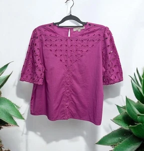 Ann Taylor Loft Women’s Poplin Eyelet Puff Sleeve Lilac Blouse Size Large Petite - Picture 1 of 6
