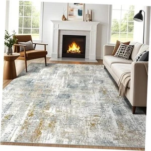 Modern Abstract Area Rug 6x9 - Gold Grey Washable Living Room Rug Non Slip  - Picture 1 of 8