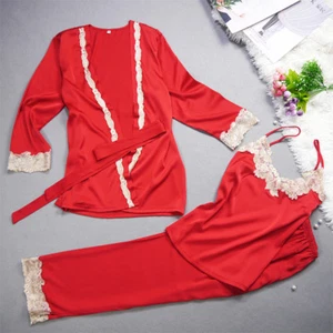 New Luxurious Silk Ladies Womens Set of 3 Red Pyjamas Pajamas ladpj203 - Picture 1 of 1