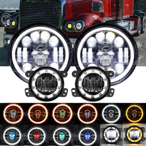RGB 7" Halo LED Headlights & 4" Halo Fog Light Combo For Freightliner Coronado - Picture 1 of 20