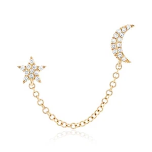 Pendiente de cadena doble diamante luna y estrella oro 14K joyería regalo para ella - Imagen 1 de 1