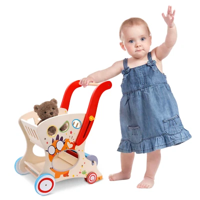 Wooden Baby Walker Doll Stroller Adjustable Speed Shopping Cart for Toddlers 1-3 Foto 1 de 4