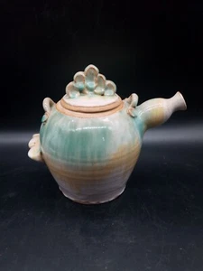 Hand Made Art Pottery Stone Ware Green, Yellow & White Drip Glaze Signed Teapot - Picture 1 of 7
