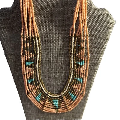Hermoso Collar Multicapa Semilla Cuentas Turquesa Coral Naranja Oro Foto 1 de 4