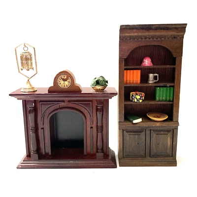 Muebles y accesorios de madera para casa de muñecas ~ Estante para chimenea Jaula para pájaros Manto Reloj + Foto 1 de 4