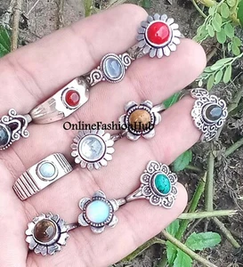 Labradorite & Mix Gemstone 925 Sterling Silver Plated Wholesale Lot Quit Rings - Picture 1 of 3