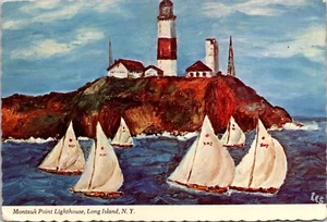 Alte Postkarte Montauk Point Leuchtturm Long Island Öl Lester Schönfeld NY - Bild 1 von 3