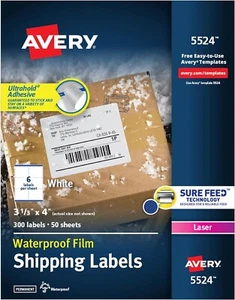 Avery 5524 Weatherproof Shipping Labels Laser Printer 3 1/3" x 4"  300 Labels - Picture 1 of 5