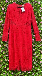 ASOS TALL Red Lace Long Sleeved Plunge V Front Midi Dress UK Size 16 New - Picture 1 of 3