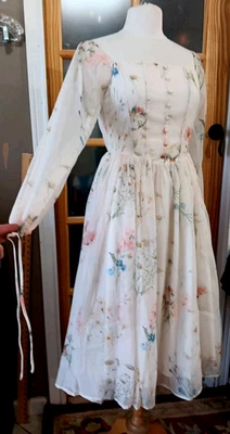 Chiffon Floral Dress Romantic Princess Sz M Sheer Puff Sleeve Fit Flare Lined - Image 1 of 4