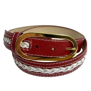 Oscar de La Renta Red White Leather Braided Belt Women SZ L Gold Tone Buckle EUC - Picture 1 of 5