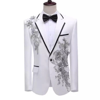 Hombres Blazer Trajes Chaqueta Abrigo Top Flor Lentejuelas Ajustado Boda Escenario Realizar Elegante Foto 1 de 4