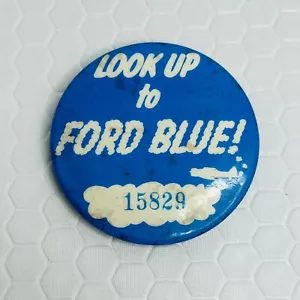 Look Up To Ford Blue! Vtg Aviation Button Pin 2.25” Clouds & Fighter Jet - Picture 1 of 4