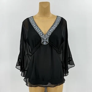 Nuovo! Poncho kimono nero grande 12 $99 WHBM trasparente perline cravatta schiena top donna - Foto 1 di 12