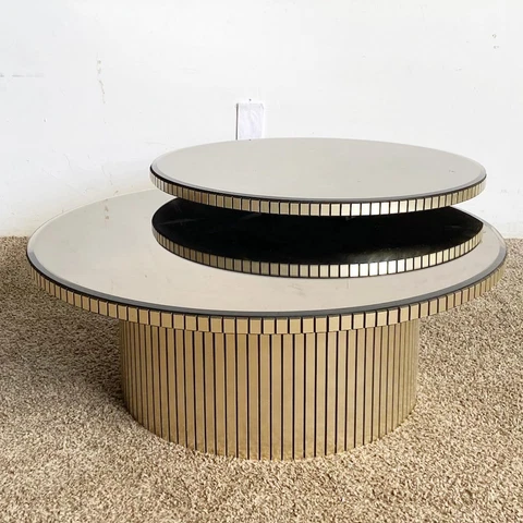 Postmodern Two Tier Gold and Smoked Mirror Top Swivel Coffee Table Cover