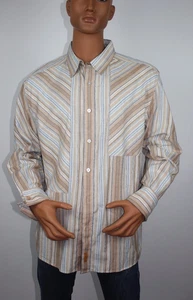 Mecca Since Day One White Blue Tan Stripe Long Sleeve Button Front Shirt Large  - Picture 1 of 7